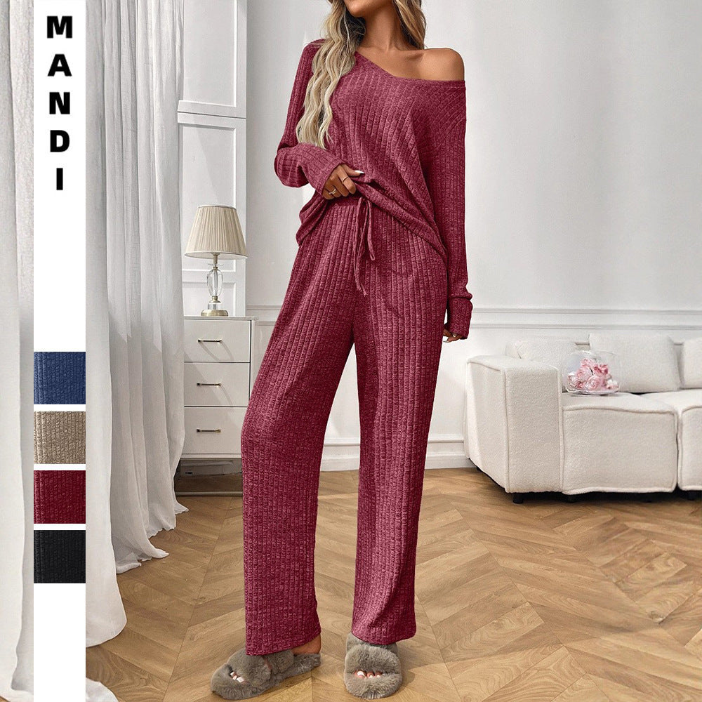 Sunken Stripe Pajamas Round Neck Long Sleeve Trousers Homewear Suit