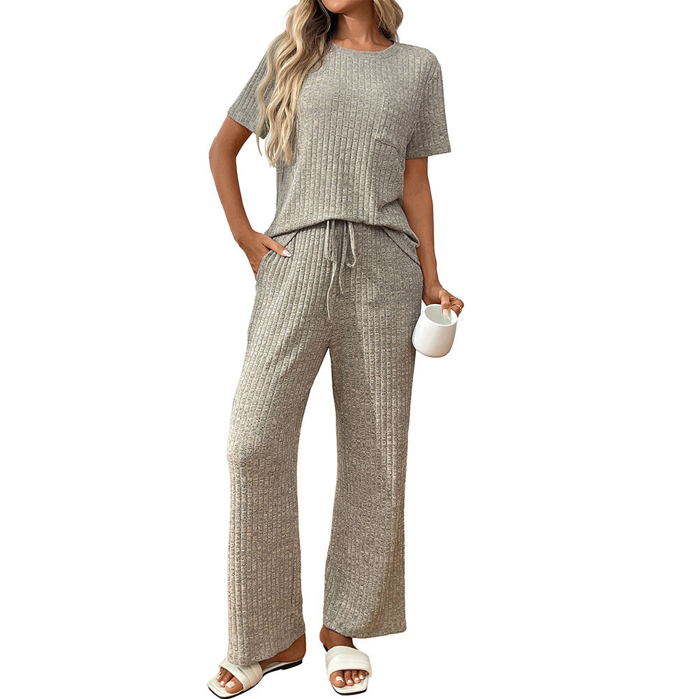 Solid Color Rib Fabric Pajamas Round Neck Short Sleeve Trousers Homewear Suit