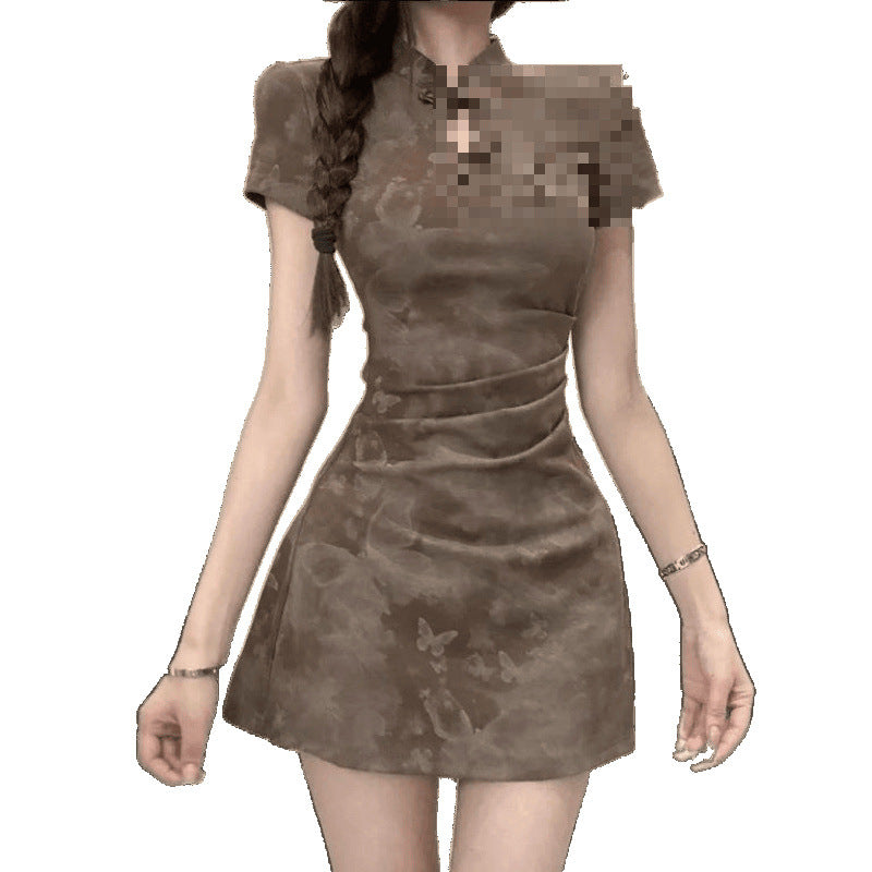 National Style Improved Cheongsam Frog Button Stand Collar Dress