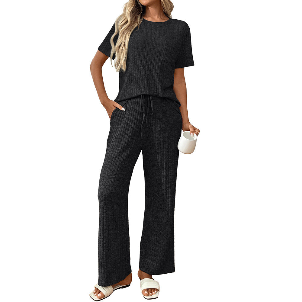 Solid Color Rib Fabric Pajamas Round Neck Short Sleeve Trousers Homewear Suit