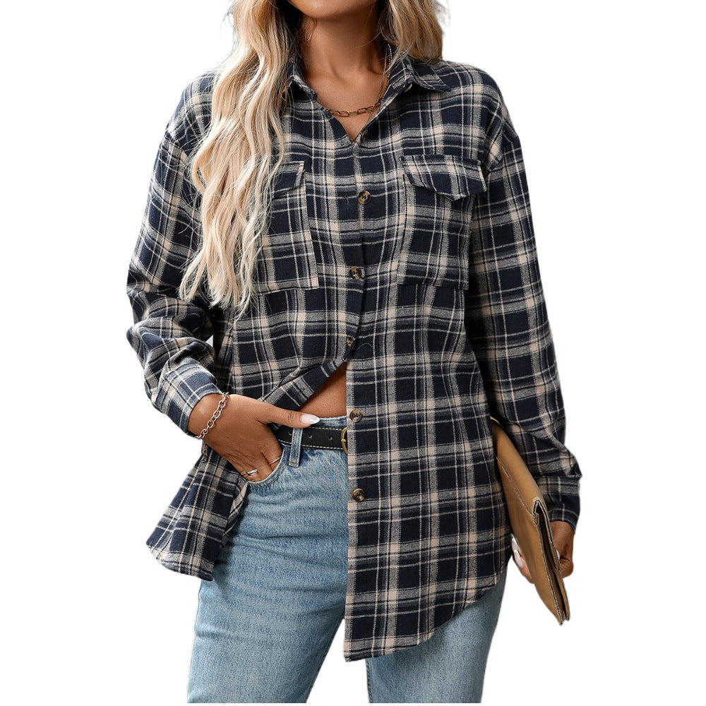 Casual Fashion Loose Plaid Pocket Shirt For Women
