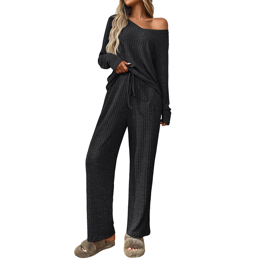 Sunken Stripe Pajamas Round Neck Long Sleeve Trousers Homewear Suit