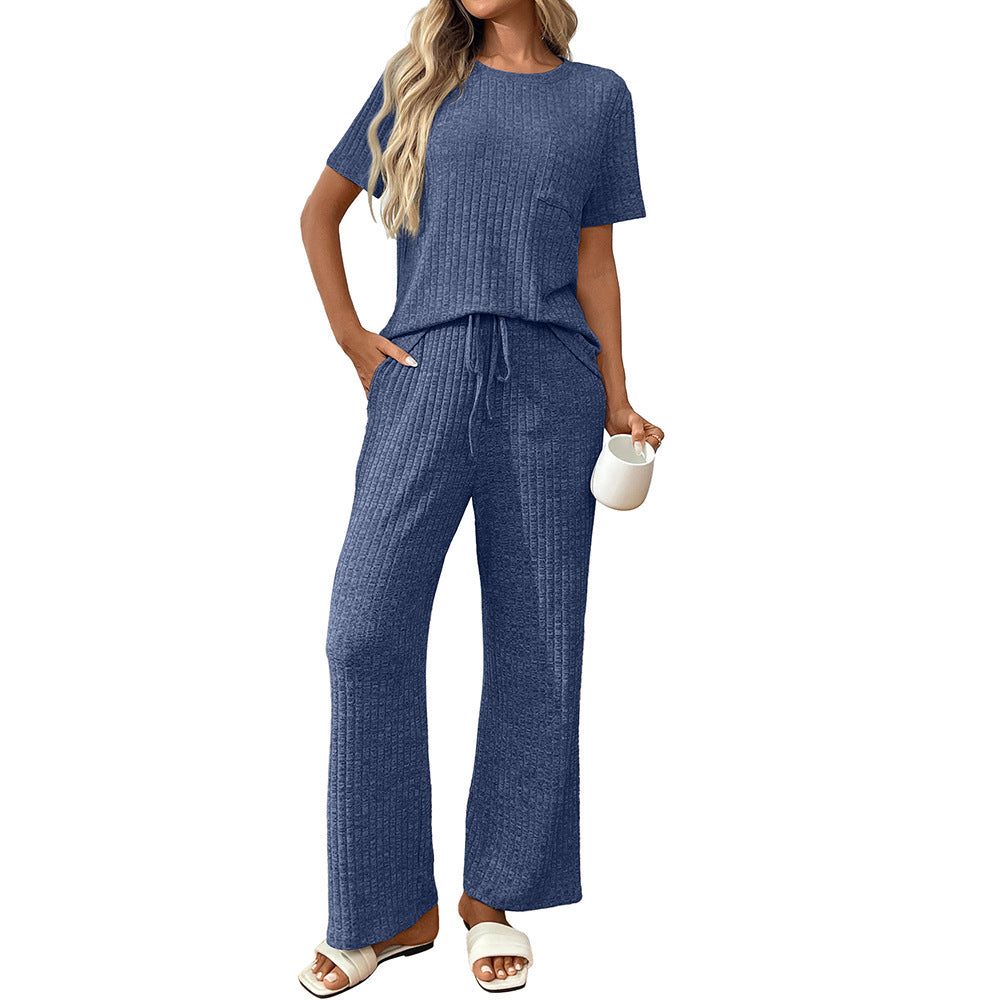 Solid Color Rib Fabric Pajamas Round Neck Short Sleeve Trousers Homewear Suit