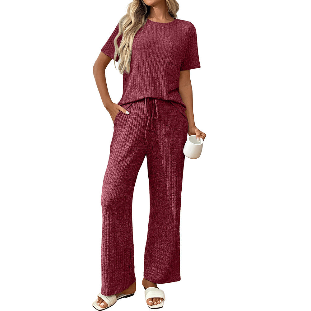 Solid Color Rib Fabric Pajamas Round Neck Short Sleeve Trousers Homewear Suit