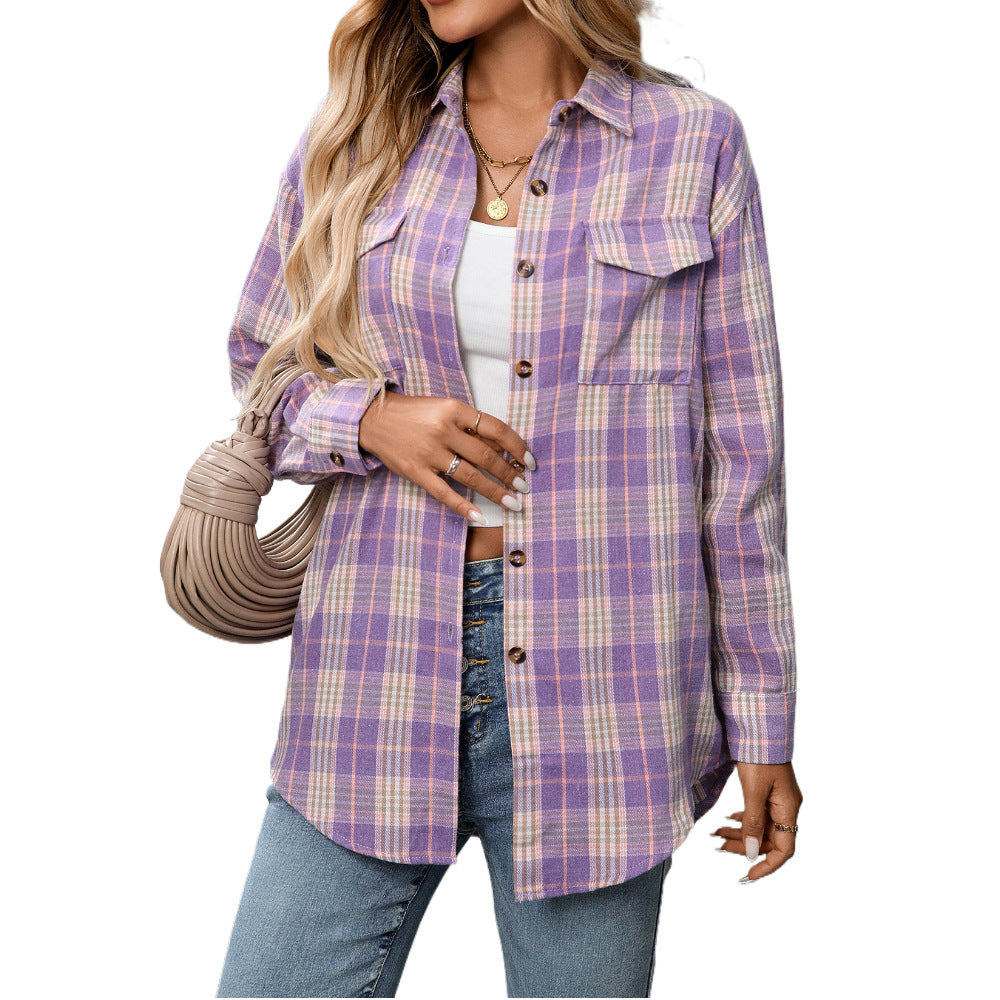 Casual Fashion Loose Plaid Pocket Shirt For Women