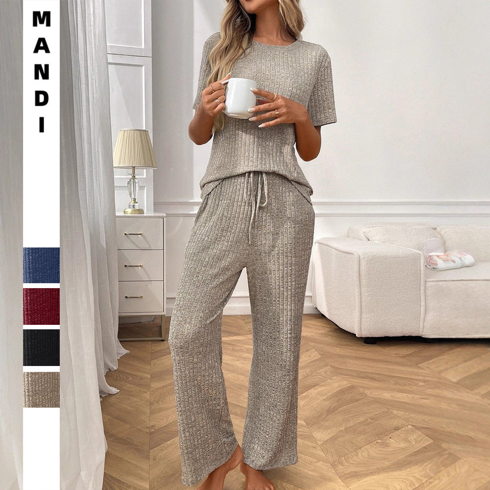 Solid Color Rib Fabric Pajamas Round Neck Short Sleeve Trousers Homewear Suit