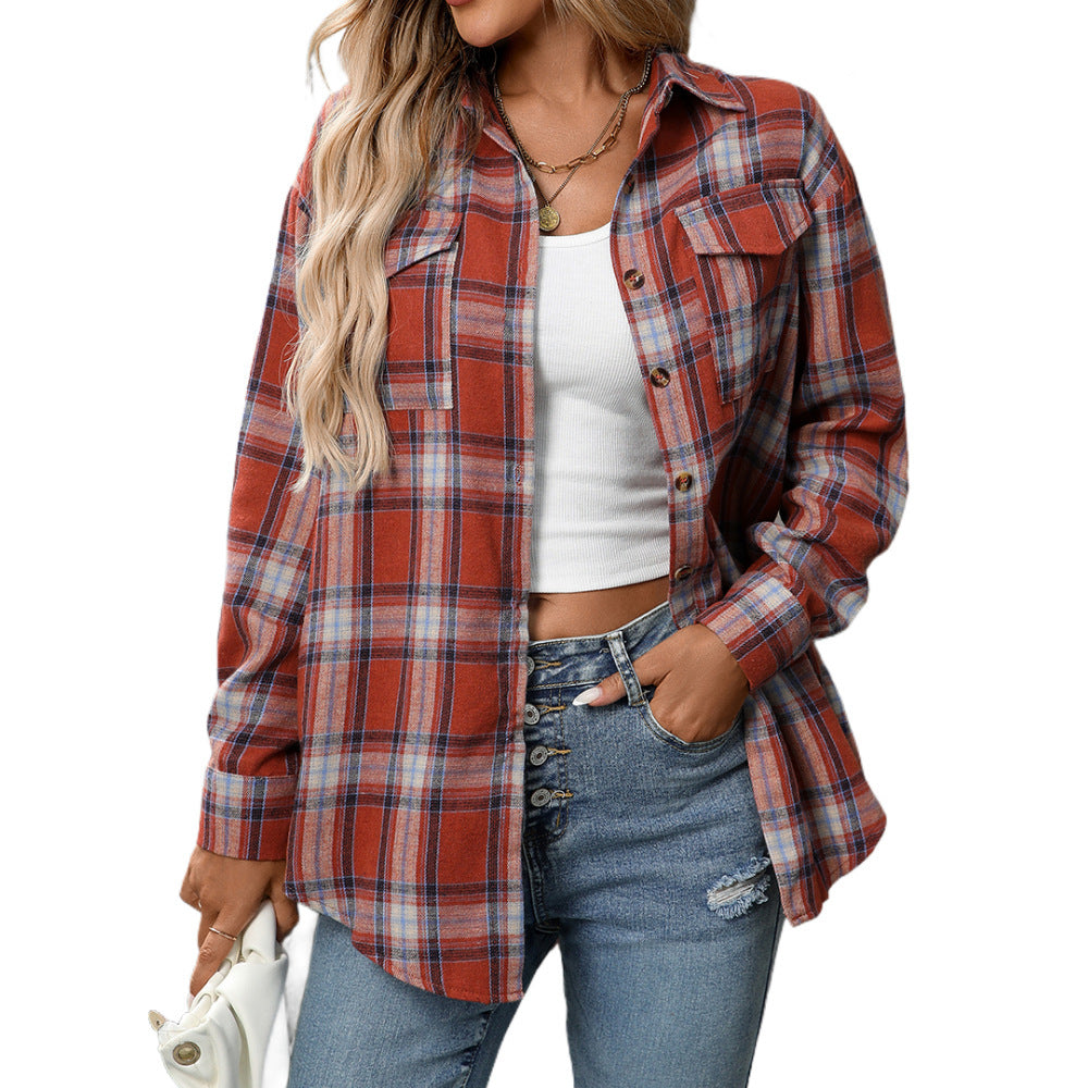 Casual Fashion Loose Plaid Pocket Shirt For Women