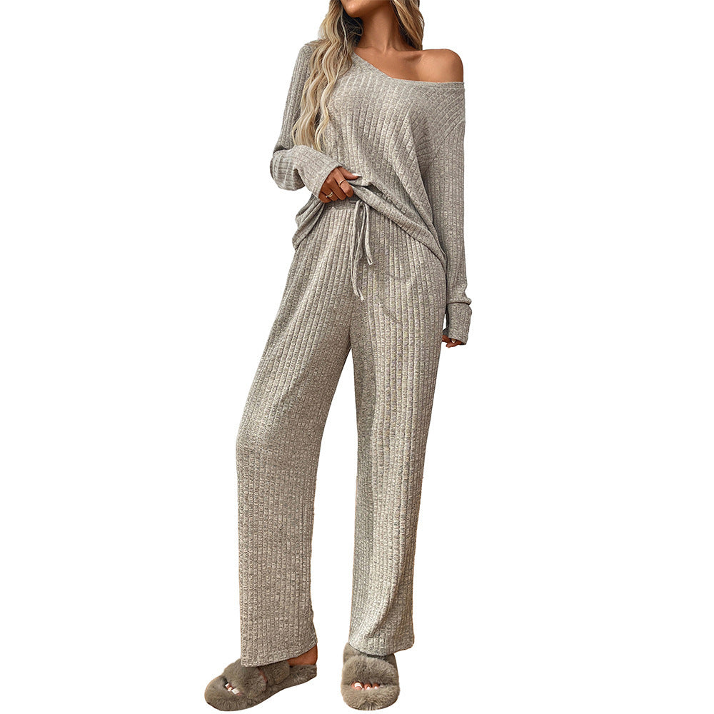 Sunken Stripe Pajamas Round Neck Long Sleeve Trousers Homewear Suit