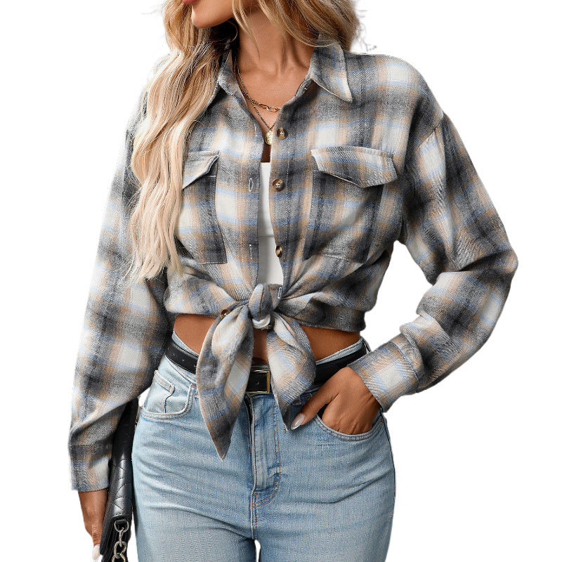 Casual Fashion Loose Plaid Pocket Shirt For Women