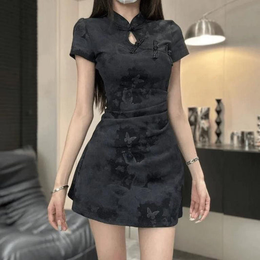 National Style Improved Cheongsam Frog Button Stand Collar Dress