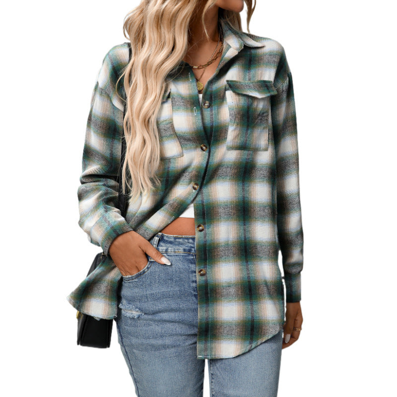 Casual Fashion Loose Plaid Pocket Shirt For Women