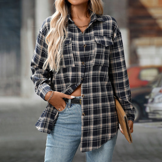 Casual Fashion Loose Plaid Pocket Shirt For Women