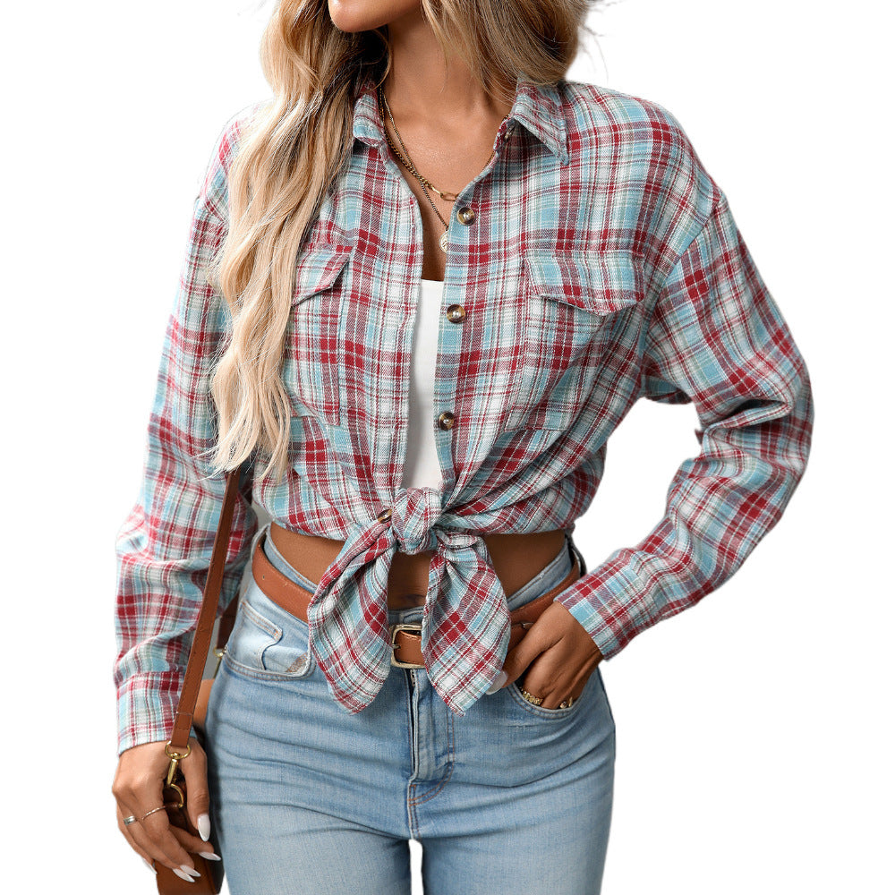 Casual Fashion Loose Plaid Pocket Shirt For Women