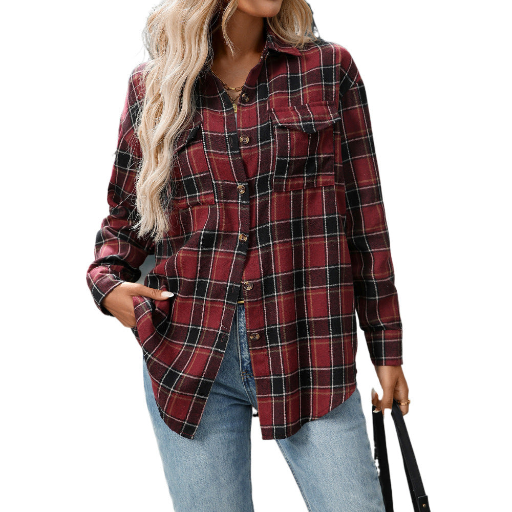 Casual Fashion Loose Plaid Pocket Shirt For Women