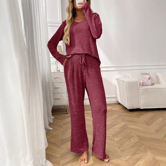 Sunken Stripe Pajamas Round Neck Long Sleeve Trousers Homewear Suit