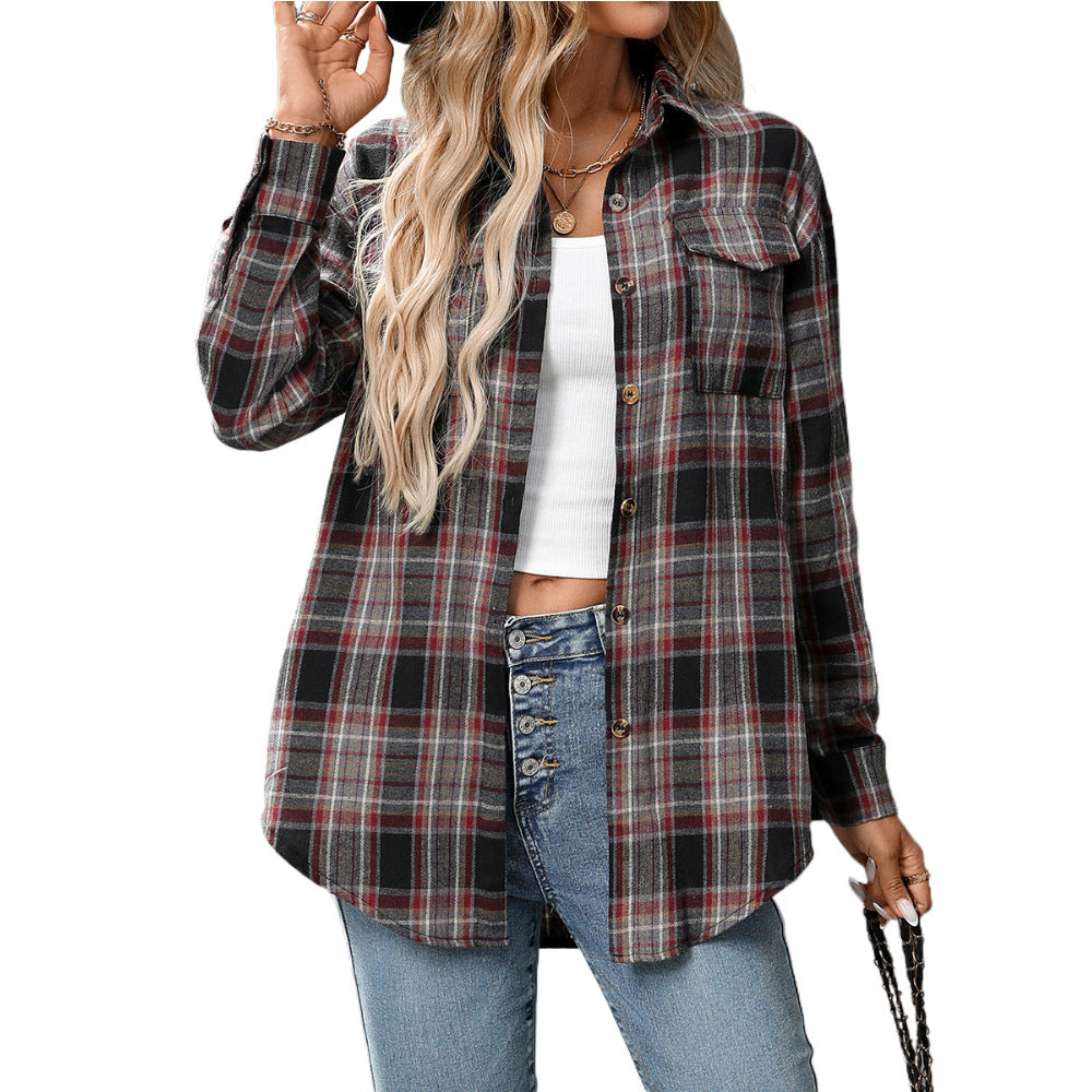 Casual Fashion Loose Plaid Pocket Shirt For Women