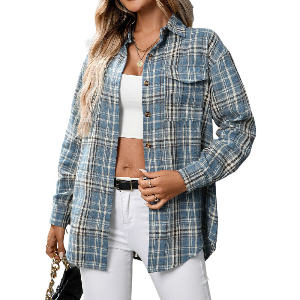 Casual Fashion Loose Plaid Pocket Shirt For Women